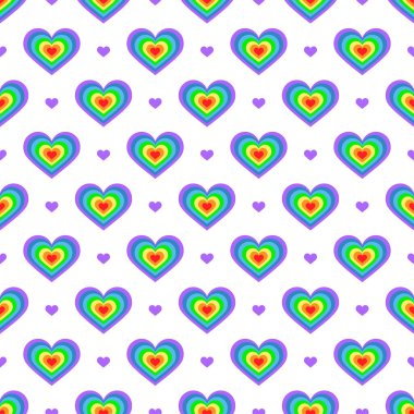 Kusursuz desen. Gökkuşağı renginde kalp. Tatil tasarımları, tebrik kartları, bayram baskıları, tasarımcı ambalajları, şık tekstil vb. için beyaz arka planda renkli kalbin vektör çizimi.