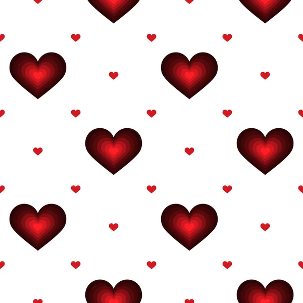 Patrón sin costuras. Corazón con tonos de rojo. Ilustración vectorial de corazones brillantes sobre fondo blanco para diseños navideños, tarjetas de felicitación, impresiones navideñas, envases de diseño, textiles elegantes, etc. . — Vector de stock