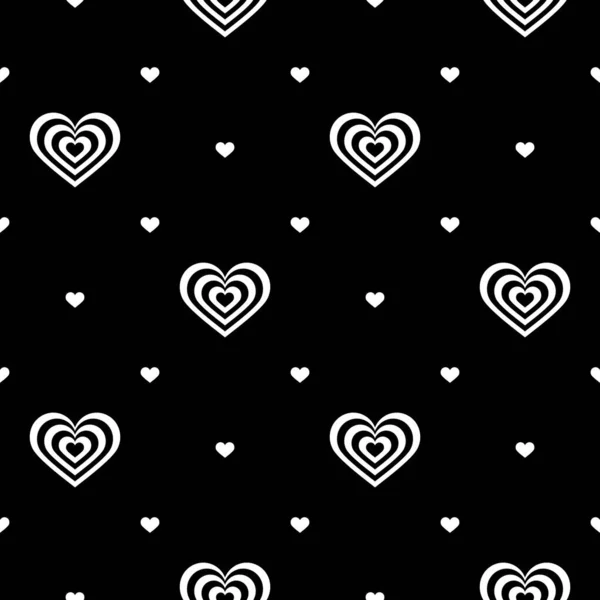 Patrón sin costuras. Corazones a rayas blanco-negro y blanco sobre fondo negro. Ilustración vectorial. Ideas para diseños navideños, fondos, tarjetas de felicitación, impresiones navideñas, envases de diseño, textiles . — Vector de stock