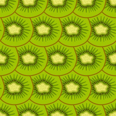 Dilimlenmiş kivi parçalarıyla kusursuz desen. Renkli arka plan tropikal meyveler. Düz vektör çizimi. Modern arka plan tasarımları, tebrik kartları, baskı, ambalaj, tekstil gibi fikirler.