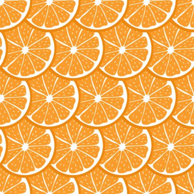 Dilimlenmiş portakal parçalarıyla kusursuz desen. Renkli arka plan tropikal meyveler. Düz vektör çizimi. Modern arka plan tasarımları, tebrik kartları, baskı, ambalaj, tekstil gibi fikirler.
