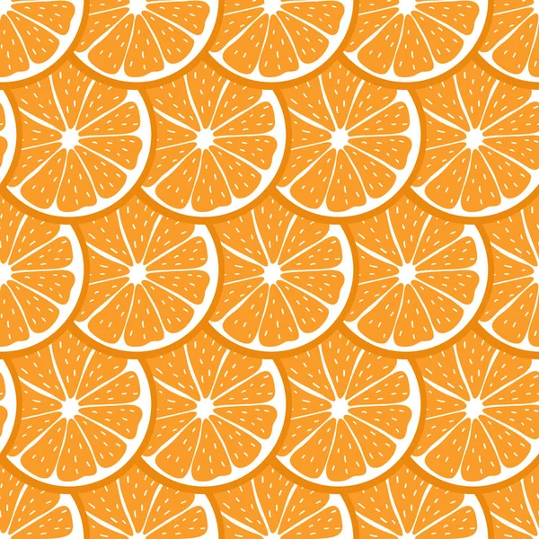 Dilimlenmiş portakal parçalarıyla kusursuz desen. Renkli arka plan tropikal meyveler. Düz vektör çizimi. Modern arka plan tasarımları, tebrik kartları, baskı, ambalaj, tekstil gibi fikirler. — Stok Vektör