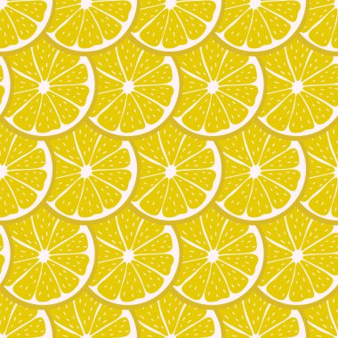 Dilimlenmiş limon dilimli kusursuz desen. Tropikal meyvelerin renkli arka planı. Düz vektör çizimi. Modern arka plan tasarımları, tebrik kartları, baskı, ambalaj, tekstil gibi fikirler.