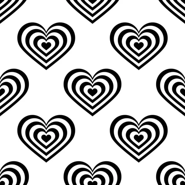 Naadloos patroon. Gestreepte zwart-witte harten op witte achtergrond. Voorraadvectorillustratie. Eenvoudig ontwerp voor stijlvolle moderne achtergronden, wenskaarten, vakantiedrukwerk, designverpakking, textiel. — Stockvector