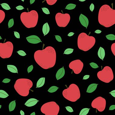 Yapraklı kırmızı elmalar. Parlak, pürüzsüz desen. Stock vektör illüstrasyonu. Siyah arka planda renkli izole elementler. Yaratıcı tasarım arkaplanları, afişler, paketler, kapaklar, baskılar, menüler vs..
