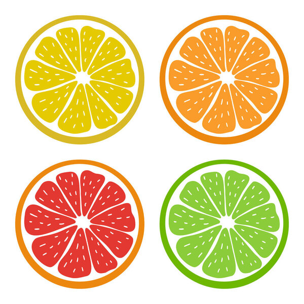 Набор сочных цитрусовых икон. Векторная иллюстрация запасов. Лимон, апельсин, грейпфрут, лайм. Яркие красочные изолированные элементы на белом фоне. Для творческих дизайнов, логотипов, наклеек, меню, гравюр и т.д.
.