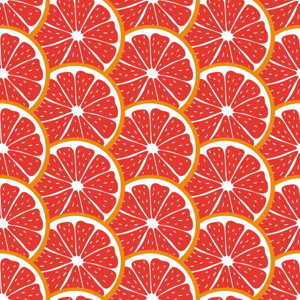 Seamless pattern with sliced pieces of grapefruit. Bright background citrus tropical fruits. Stock vector illustration. For modern designs of backgrounds, greeting cards, prints, packaging, textiles. — Stock Vector