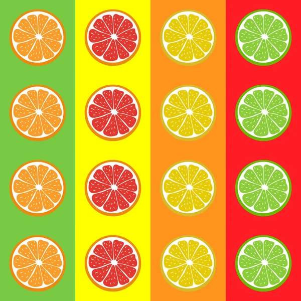 Patroon naadloos van sappige citrusvruchten. Citroen, sinaasappel, grapefruit, limoen. Kleurrijke elementen op veelkleurige strepen. Heldere achtergrond voor creatieve ontwerpen, banners, textiel, menu 's, prints, verpakkingen. — Stockvector