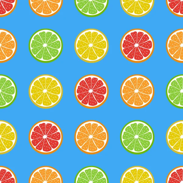 Sulu narenciye meyvesinin desensiz şekli. Limon, portakal, greyfurt, limon. Mavi arka planda renkli elementler. Modern tasarımlar, afişler, tekstil, menüler, baskılar, ambalajlar, duvar kağıtları için yaratıcı bir fikir. — Stok Vektör