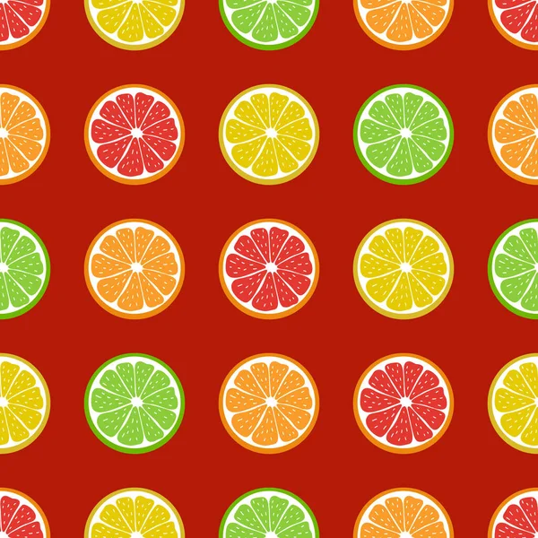 Sulu narenciye meyvesinin desensiz şekli. Limon, portakal, greyfurt, limon. Kırmızı arka planda renkli elementler. Modern tasarımlar, afişler, tekstil, menüler, baskılar, ambalajlar, duvar kağıtları için yaratıcı bir fikir. — Stok Vektör