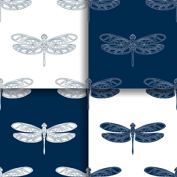 Conjunto de 4 padrões sem costura com libélulas openwork. Imagem de cores azul escuro e branco. Ilustração vetorial. Ideia criativa para desenhos fundos, impressões, tecido, têxteis, embalagens, papéis de parede . — Vetor de Stock