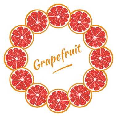 Dilimlenmiş greyfurtlu yuvarlak çerçeve. Parlak narenciye çelengi. Metin için dekorasyon. Stock vektör illüstrasyonu. Modern pankart, kart, menü, baskı, ambalaj tasarımları için fikirler.