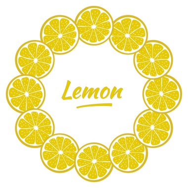 Dilimlenmiş limon dilimli yuvarlak çerçeve. Parlak narenciye çelengi. Metin için dekorasyon. Stock vektör illüstrasyonu. Modern pankart, kart, menü, baskı, ambalaj tasarımları için fikirler
