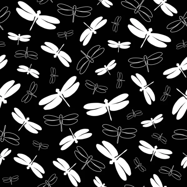 Padrão sem costura com libélulas coloridas. Silhuetas brancas e contornos de insetos em um fundo preto. Ilustração vetorial. Ótimo para cenários de projetos, cartões, têxteis, embalagens, tecido, envoltório . — Vetor de Stock