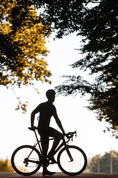 Starker Mann Silhouette Mit Fahrradklamotten Und Helm Der Inmitten Grüner — Stockfoto