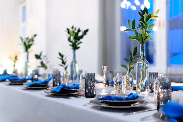 Bellamente Colocados Platos Vasos Decorados Con Servilletas Azules Hojas Verdes — Foto de Stock