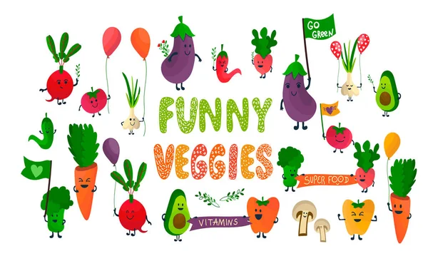 Vegetables cartoon bundle parade with banners — Stock Vector
