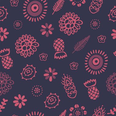 Koyu arkaplanda kusursuz karalama şekli. Basit yalıtılmış süs yaprakları, çiçekler ve çubuklar. El çizimi pembe, mor detaylar. Tekstil ya da kağıt tasarımı. Arkaplan, duvar kağıdı