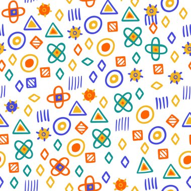 Komik el, pürüzsüz şekiller çizmiş. Beyaz çocuk tekstili için arka plan. Farklı tekrarlanan şekiller. Çember, üçgen, kare. Parlak renkler. Bebek baskısı