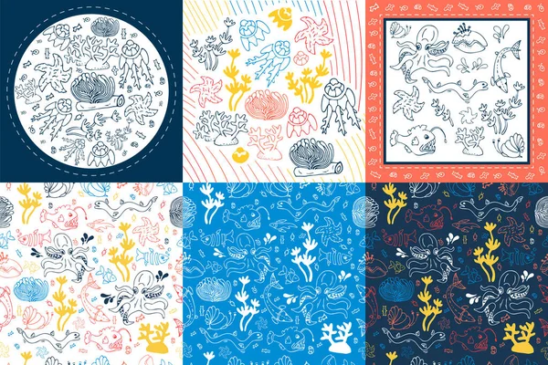 Sea set with hand drawn marine creatures set and seamless patterns: jellyfish, starfish, actinia, octopus. Cute illustrations in yellow, blue, white. Lovely ocean elements on blue and white background