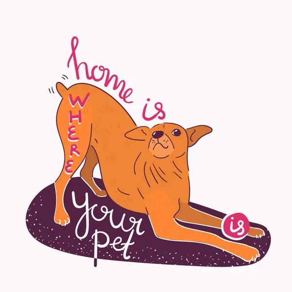 Evcil hayvanın oradadır. Harflerle ve komik hayvanlarla çizilmiş el yazısı. Şirin bir oyun köpeği. Turuncu, pembe renkler, beyaz arka planda izole edilmiş. Tişört, etiket tasarımı için yazdır.