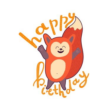 Komik sincap benzeri yaratığın doğum günü kartı, eller yukarı. Resimler beyaz arkaplanda izole edildi. Gözü kapalı sevimli bir karakter artı harfler..