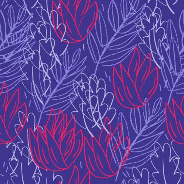 Mor el çizimi (tebeşir dokusu) modern tekstil için kusursuz desen. Çiçek elementleri - mor yapraklar ve pembe çiçekler. Giysiler, ambalaj kağıtları, duvar kağıtları için iyi. Koyu karalama biçimi tasarımı.