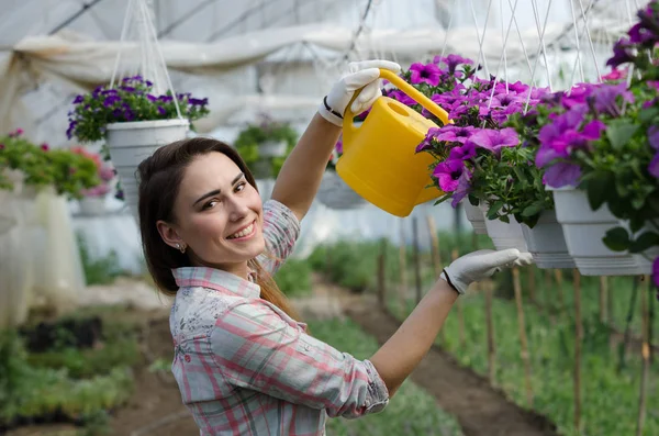 Neşeli kız çiçekler sera sulama