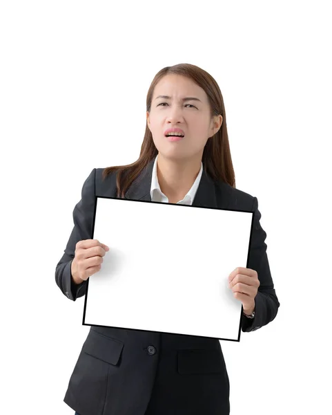 Business woman holding a banner isolated — Stock Photo, Image