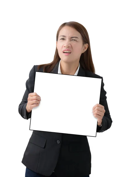Business woman holding a banner isolated — Stock Photo, Image