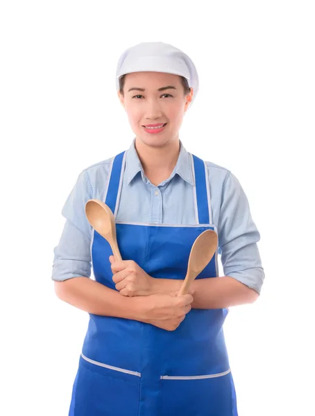 Jonge Aziatische chef-kok, huisvrouw vertrouwen pose en houden van een spatel — Stockfoto