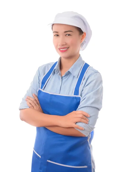 Щаслива, усміхнена, позитивна жінка шеф-кухарка, домогосподарка, рука перетинає г — стокове фото