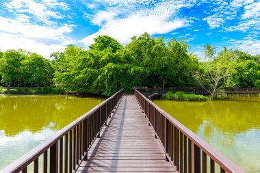 Ahşap köprü geçit Sri Nakhon Khuean Khan Park ve Botanik