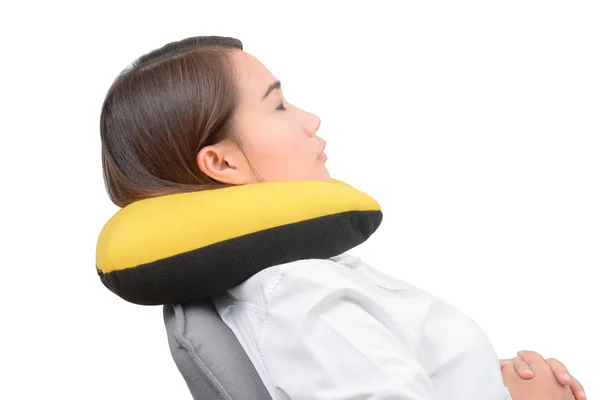 Asian women using neck pillow and resting on Office chair isolat