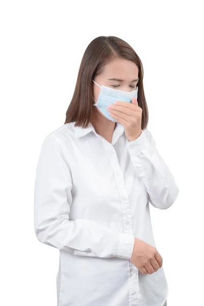 Mulher asiática tosse com máscaras protetoras — Fotografia de Stock