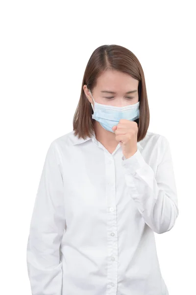 亚洲女人咳嗽与防护面具 — 图库照片