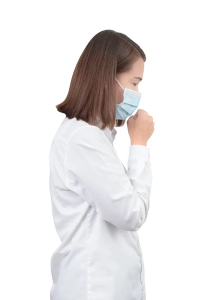 亚洲女人咳嗽与防护面具 — 图库照片
