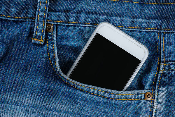 Modern phone in jeans pocket displaying black screen application