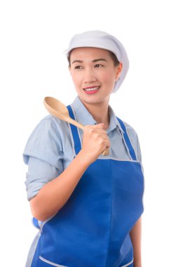 Genç Asyalı Şef, ev kadını kendine güvenen poz ve bir spatula holding