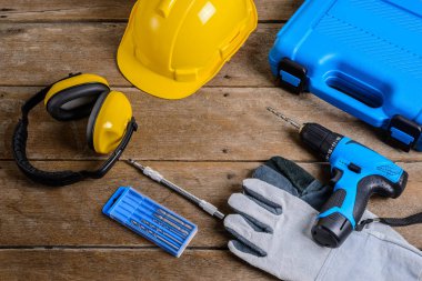 Matkap ve matkap, araçlar, marangoz ve güvenlik, koruma Eq set