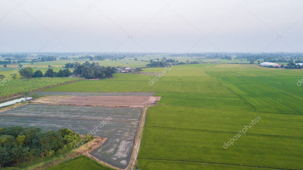 Aerial view from drone The field soil reclamation in preparation for seeding or planting
