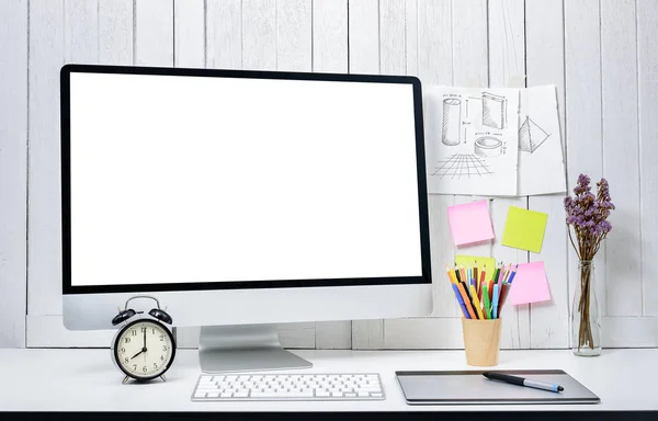 Workplace background for designers with Blank white screen moder — Stock Photo, Image