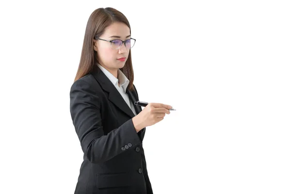 Young successful business woman writing with pen — Stock Photo, Image