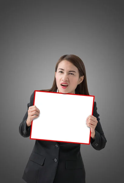 Business woman holding a banner isolated — Stock Photo, Image