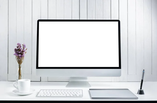 Pracoviště pozadí pro konstruktéry s prázdná bílá obrazovka moder — Stock fotografie