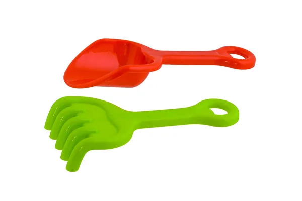 Children's beach toys, Red spade and Green rake isolated on whit — Stock Photo, Image