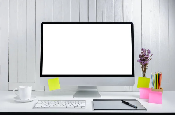 workplace background for designers with Blank white screen moder