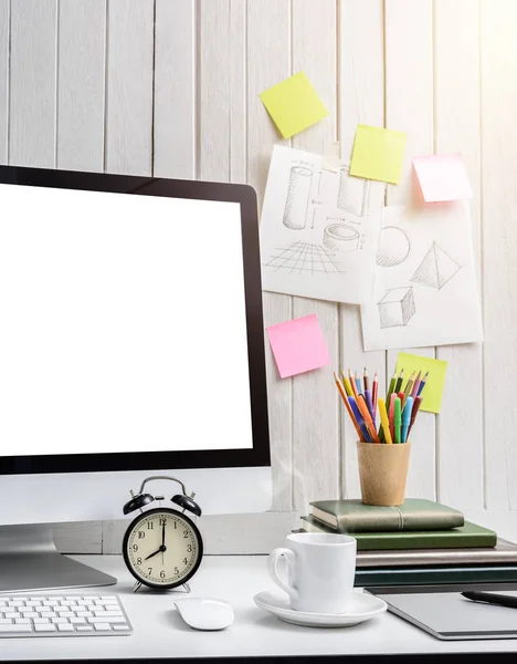 Workplace background for designers with Blank white screen moder — Stock Photo, Image