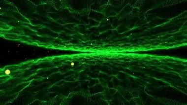 Dalga parçacıklar soyut yeşil noktalar dalga formu çokgen üç boyut alan arka plan. Animasyon sorunsuz döngü