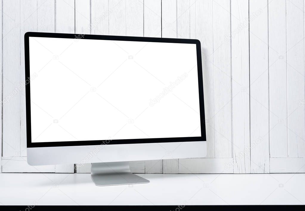 workplace background with Blank white screen modern desktop comp